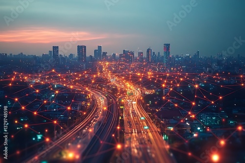Smart City Network Concept with Digital Connections and Highways at Dusk
