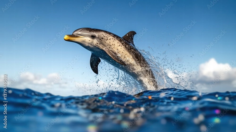 Obraz premium Dolphin Leaping Above Vibrant Ocean Waves Under Clear Blue Sky