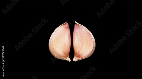 Garlic Cloves on Black: Two fresh garlic cloves, exhibiting a delicate pink hue, stand out vividly against the dark background. This close-up shot showcases the texture and purity of the garlic.