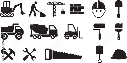 Construction Icons Set – Silhouette Tools, Vehicles, Workers, and Equipment Vector