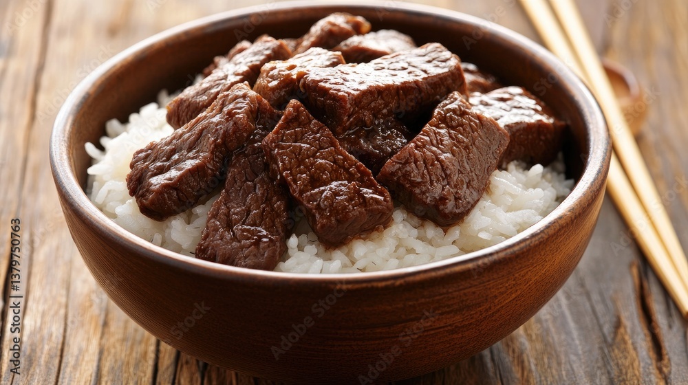 A cozy home-style setting with beef over rice served in a rustic ceramic bowl, wooden chopsticks resting beside A cozy home-style setting with beef over rice served in a rustic ceramic bowl, wooden chopsticks resting beside