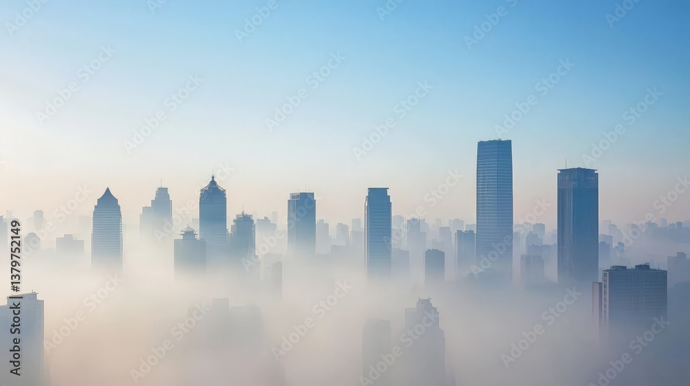 Fototapeta premium Mitigating Climate Change and Global Warming for a Sustainable Future, City skyline shrouded in mist, creating a serene and atmospheric urban landscape.