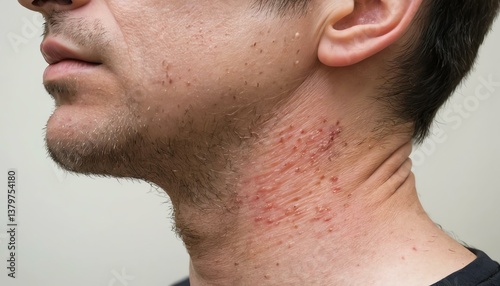 Close-up view of a man's neck showcasing skin irritation caused by an allergic reaction. The focus is on the redness and texture of the skin.