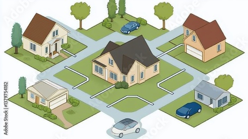 Isometric Illustration of a Suburban Neighborhood with Houses and Cars