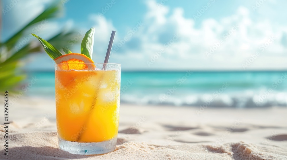 Obraz premium A refreshing tropical cocktail sits on soft sand with a backdrop of turquoise waves and a clear sky, inviting relaxation and enjoyment