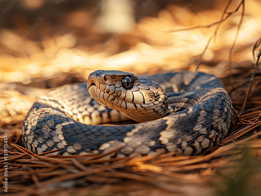 Coiled Timber Rattlesnake Resting on Pine Needles in Natural Habitat