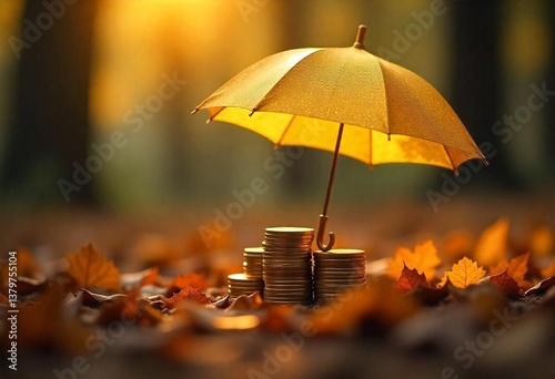 Wallpaper Mural Golden umbrella covers shiny coins stacks financial protection, investment security against market risks, uncertainties. Wealth management planning, banking savings, insurance coverage, retirement Torontodigital.ca