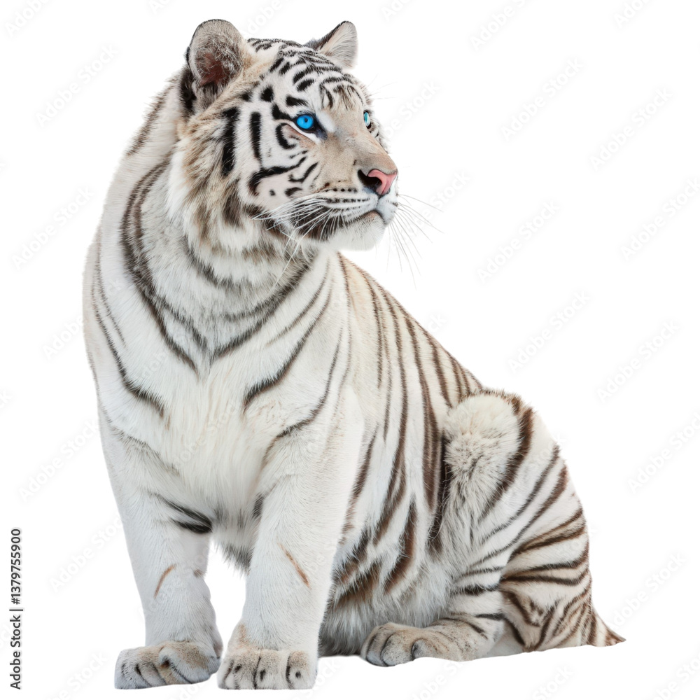 Obraz premium Rare White Tiger Sitting Majestically with Icy Blue Eyes Isolated on White