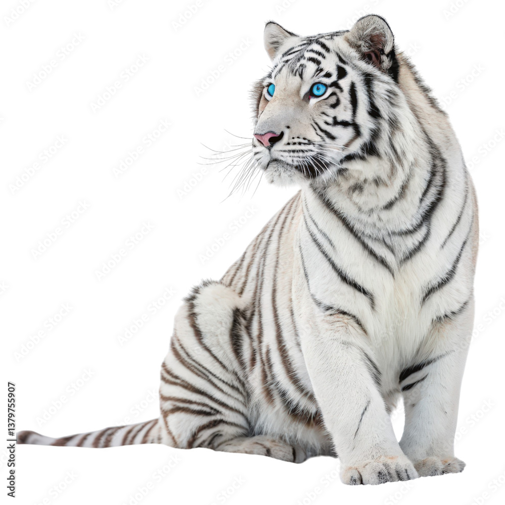Obraz premium Rare White Tiger Sitting Majestically with Icy Blue Eyes Isolated on White