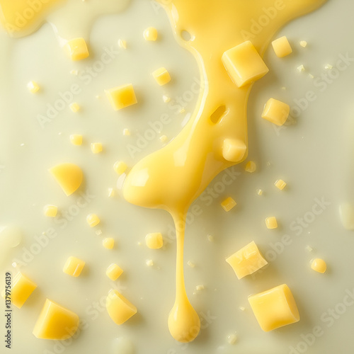 Soft melted cheese, mellow pieces dripping and splashing on a transparent background