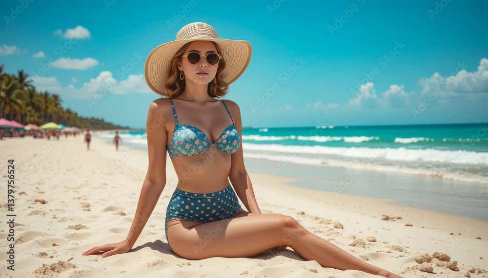 A stylish woman in a floral bikini and wide-brimmed hat relaxes on a pristine beach, the turquoise ocean forming a stunning backdrop. Sunlight accentuates her sun-kissed skin. A stylish woman in a floral bikini and wide-brimmed hat relaxes on a pristine beach, the turquoise ocean forming a stunning backdrop. Sunlight accentuates her sun-kissed skin.