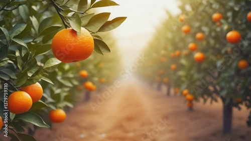 Orchard Dreams: An evocative shot of a grove of orange trees laden with ripe fruit, bathed in the golden light of dawn, evoking feelings of abundance and serenity.