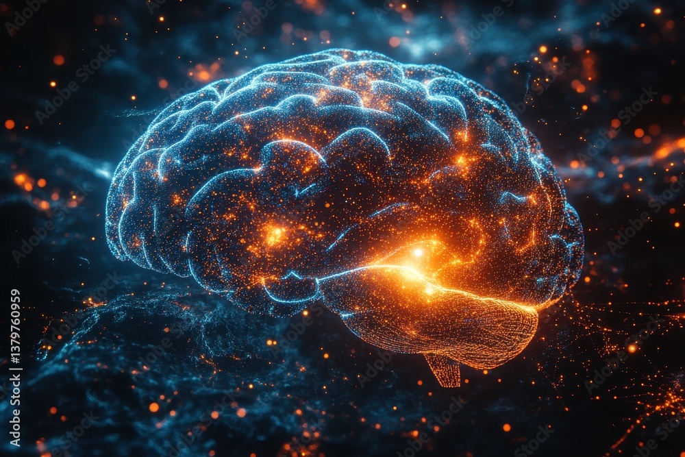 Digital representation of a brain showing active neural connections and glowing synapses in a cosmic environment Digital representation of a brain showing active neural connections and glowing synapses in a cosmic environment