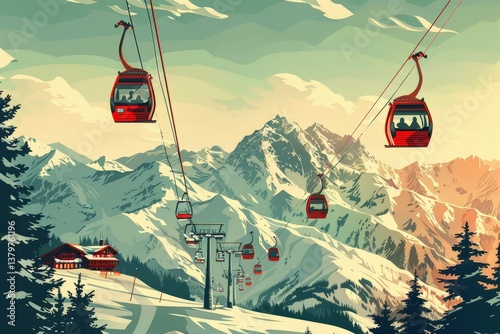 Retro-inspired ski resort poster depicting snow-capped mountains and a gondola lift, A retro-inspired poster advertising a ski resort
