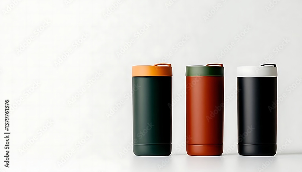 Fototapeta premium Three stylish insulated tumblers in orange, green, and black colors arranged on a white background, perfect for drinkware photography.