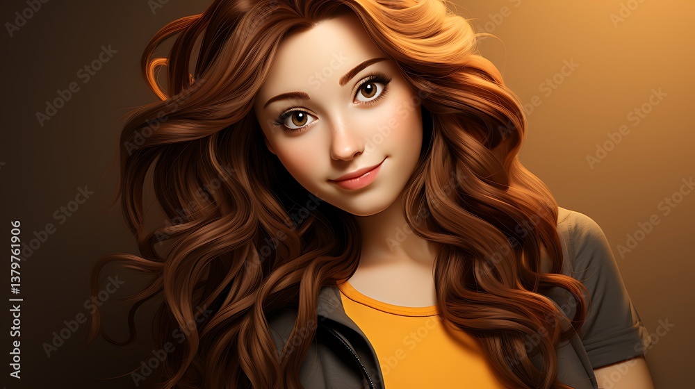 Fototapeta premium Stunning 3D Render of a Young Woman with Long Brown Hair