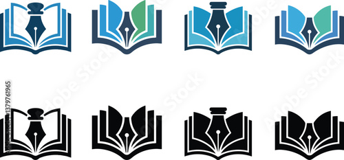 Set of Education Logos – Open Book with Fountain Pen for Learning and Writing vector