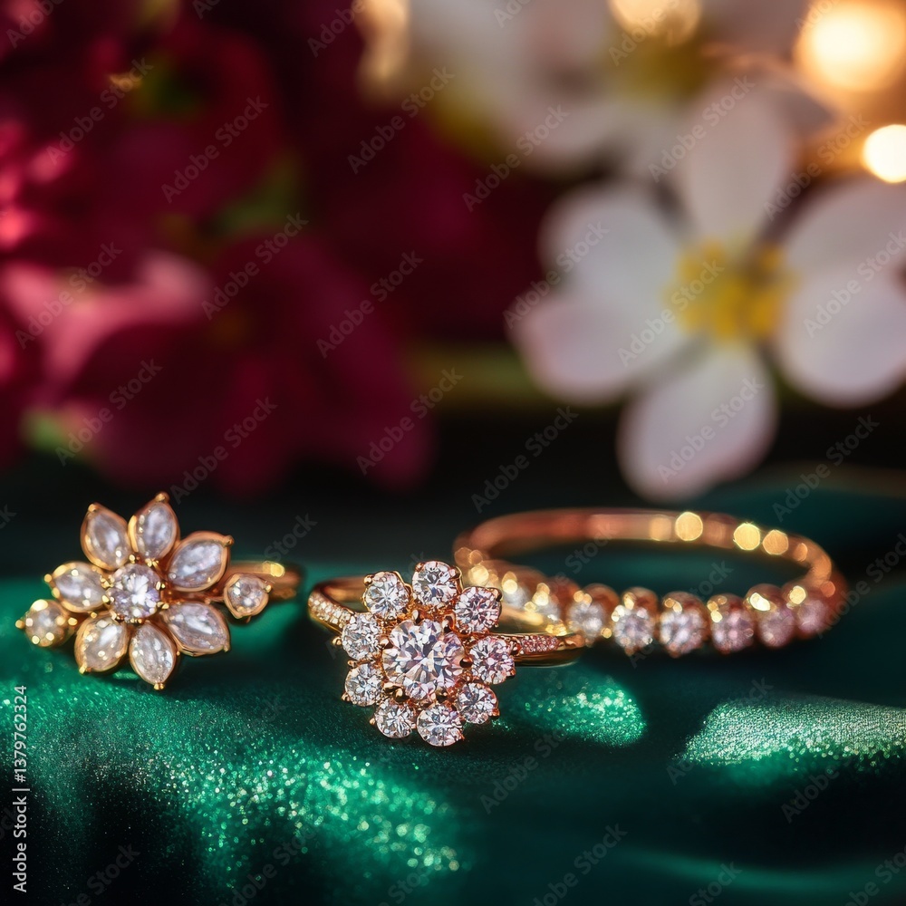 Fototapeta premium Exquisite Gold and Diamond Rings on Emerald Silk, a Touch of Floral Elegance and Sparkle
