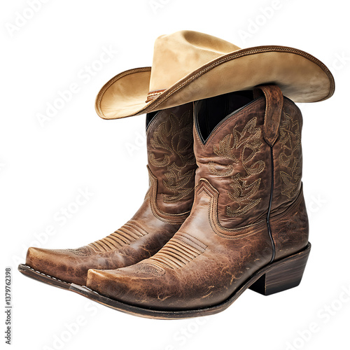 Cowboy leather boots and a hat on Transparent Background 