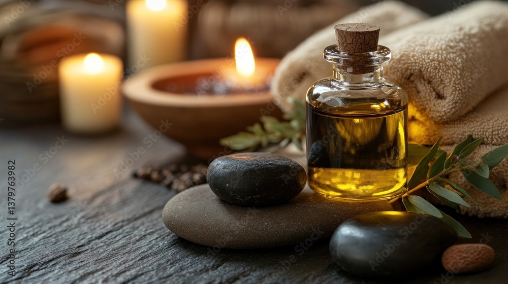 Spa aromatherapy setup with essential oil, stones, and candles. Aromatic, natural, and tranquil spa ambiance Spa aromatherapy setup with essential oil, stones, and candles. Aromatic, natural, and tranquil spa ambiance