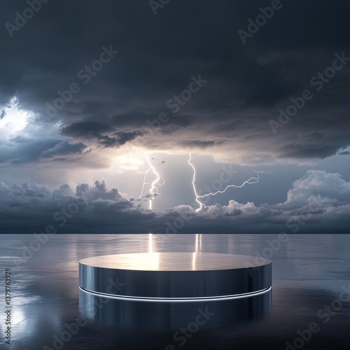 Sleek Metallic Platform Under a Dramatic Lightning Storm: A Powerful Product Showcase Setting