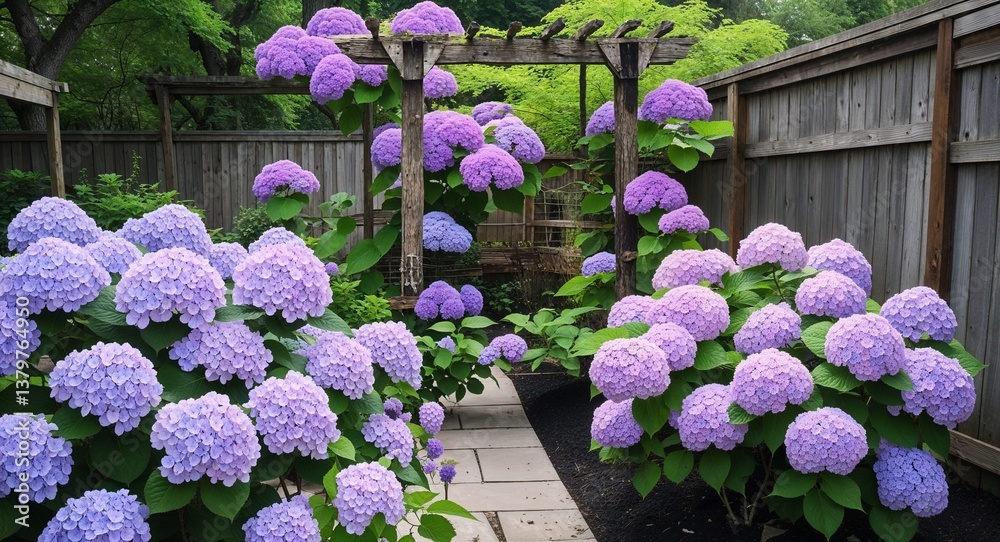 Backyard garden with purple hydrangeas and an old wooden trellis Backyard garden with purple hydrangeas and an old wooden trellis