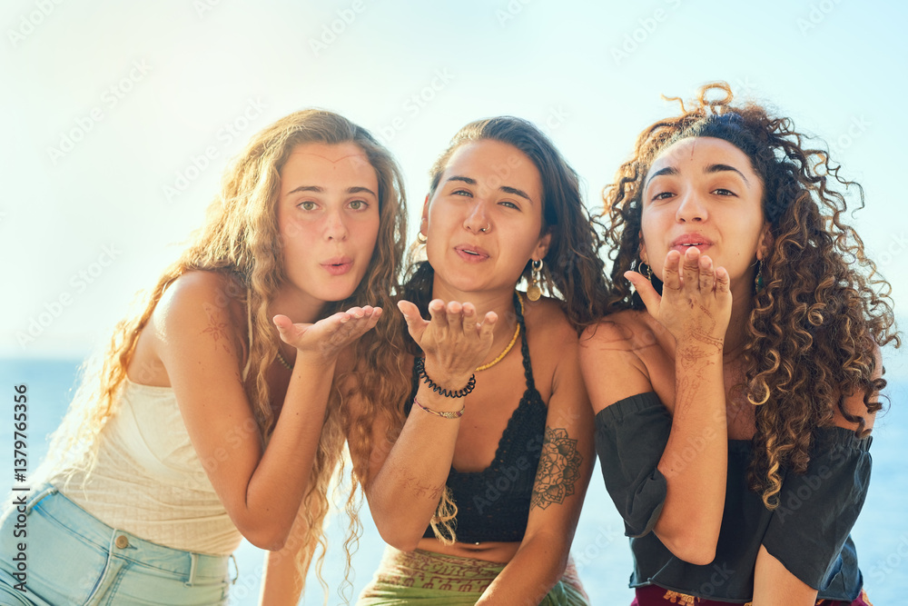 Fototapeta premium Girl, friends and blow kiss on vacation, portrait and happy with bonding, connection or memory in summer. Women, people and group with smile for symbol, icon or sign for holiday at beach in Italy