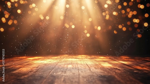 Golden Hour: Illuminated Wooden Surface with Magical Bokeh Lights