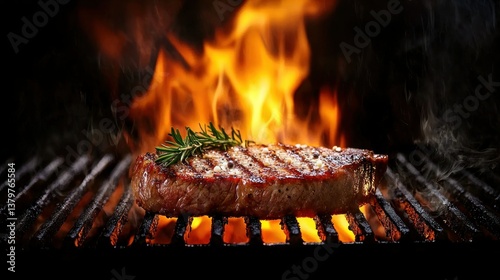 A sizzling steak on a grill with flames