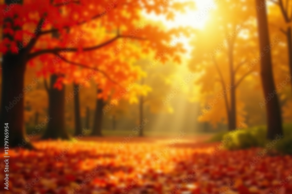 Naklejka premium Abstract blurry background in warm yellow and red hues, with soft focus on autumn leaves in a sun-drenched forest setting, blurry, background