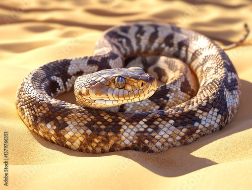 Rattlesnake Coiled on Desert Sand Close-up for Wildlife Imagery