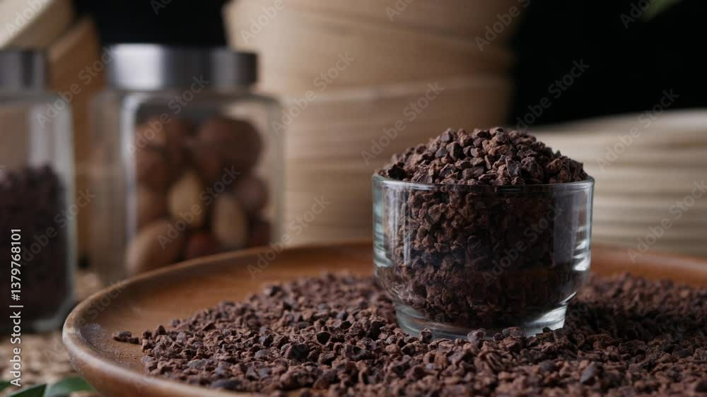 close up Organic Cacao nibs or Cacao chips. close up Organic Cacao nibs or Cacao chips.