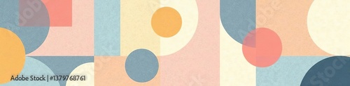 Abstract geometric background with circles, rectangles, squares in retro Scandinavian style Pastel colored shapes pattern,  circles, vector
