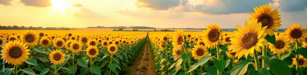 Obraz premium A scenic view of endless sunflower fields sprawling across the horizon, landscape, sky
