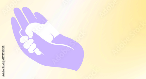 Mother's day, female hands support newborn baby's arms. Child protection poster. Copy space.