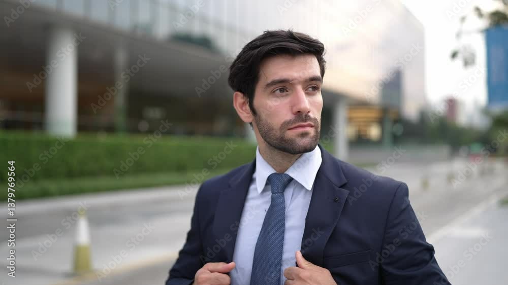 Professional business man adjust tie while walking along the road. Manager wearing suit while looking around the city. Investor check himself before going to interview. Blurred background. Exultant. Professional business man adjust tie while walking along the road. Manager wearing suit while looking around the city. Investor check himself before going to interview. Blurred background. Exultant.