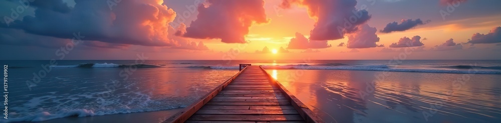 Fototapeta premium Beautiful sunset beach scene with a wooden path leading to the sea, reflecting colorful hues in the calm water, sunset, relax