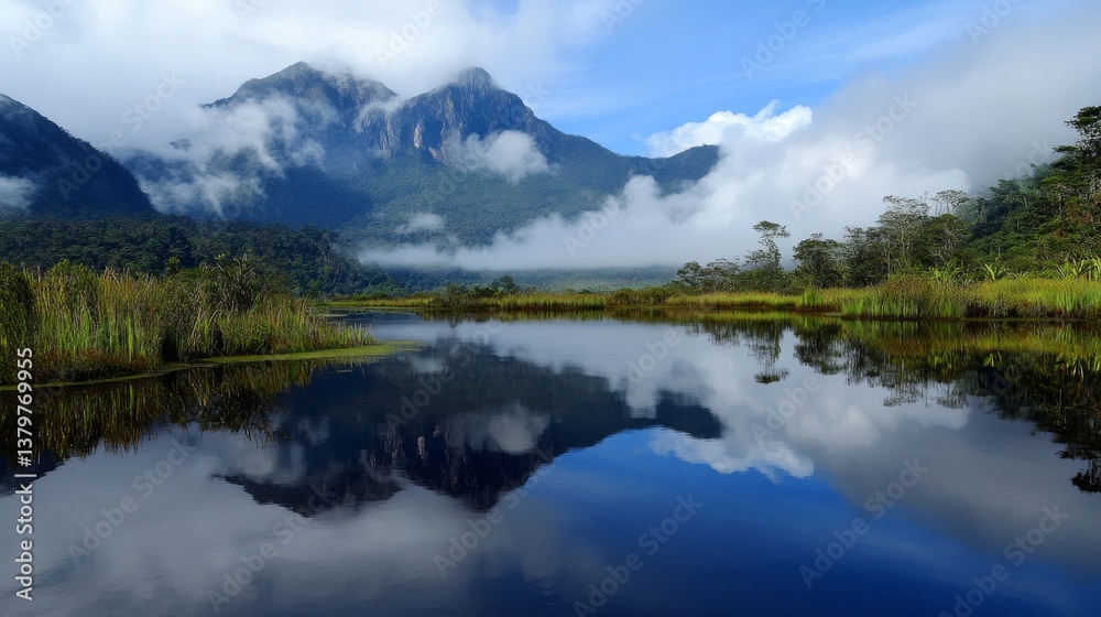 Uma montanha imponente refletida em um lago sereno, com nuvens escuras ao fundo, representando momentos de desânimo que são superados pela força da natureza Uma montanha imponente refletida em um lago sereno, com nuvens escuras ao fundo, representando momentos de desânimo que são superados pela força da natureza