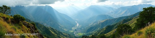 A breathtaking view of the Ecuadorian Andean mountain range covered in colorful flora and mist, showcasing the diversity and beauty of the region,  landscape,  South America