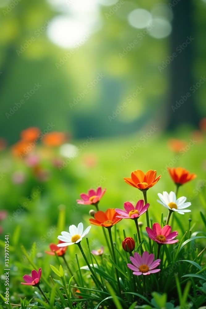 Obraz premium A serene picture of colorful flowers blooming in a grassy field, meadow, flowers