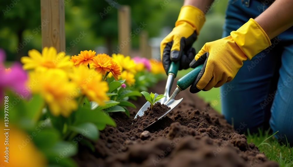 Naklejka premium A gardener wearing gloves and using a trowel to plant colorful flowers in a neatly organized garden bed, garden bed, colorful