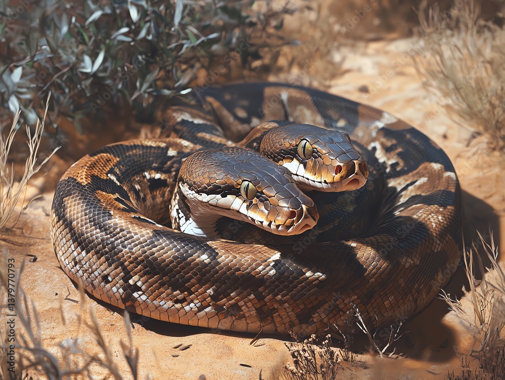 Fototapeta premium Two Headed Snake Coiled Together in Nature Close Up