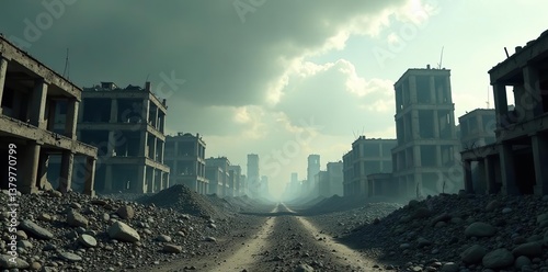 A dramatic and desolate landscape of a destroyed city with crumbling buildings and debris scattered everywhere,  apocalypse,  collapse