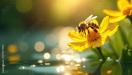 Bee flying gracefully towards yellow flowers bathed in sunlight over sparkling water,  water,  harmony
