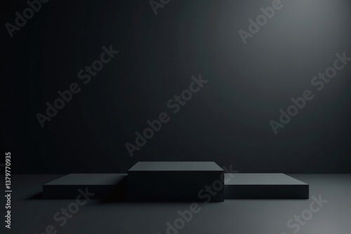 Abstract 3D background with three square podiums for product display on black floor,  display,  copy space