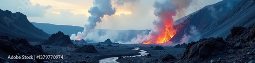 A dramatic volcanic landscape filled with jagged rock formations and billowing steam,  lava,  crater