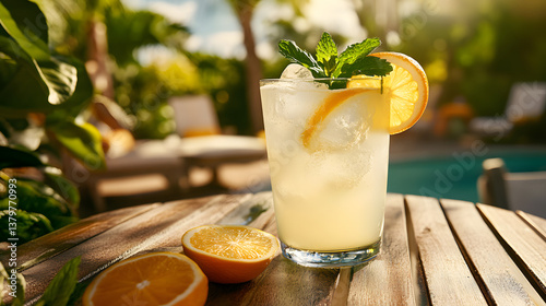 Refreshing lemonade drink with mint outdoor poolside beverage photography sunny environment close-up view summer vibes