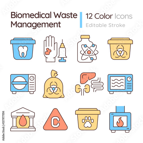 Biomedical waste management line color icons set. Infection control, regulation. Disinfection methods, disposal. Vector illustrations. Simple flat colorful symbols collection. Editable stroke