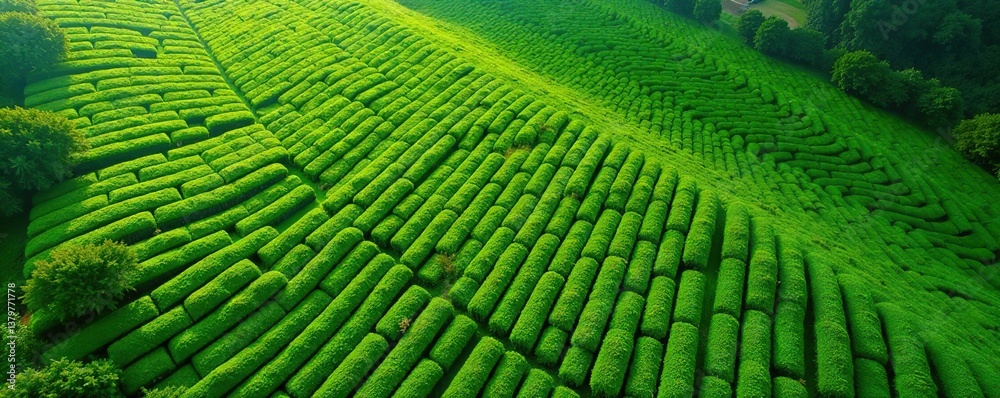 Aerial drone view of geometric patterns in lush Cha Gorreana tea plantation, Sao Miguel, Azores, Portugal, destination, scenic beauty Aerial drone view of geometric patterns in lush Cha Gorreana tea plantation, Sao Miguel, Azores, Portugal, destination, scenic beauty