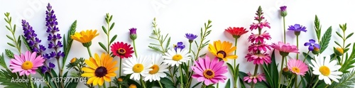 A vibrant bouquet of wildflowers and herbs, including daisies, lavender, chamomile, and thyme, arranged in a charming botanical collection for a summer composition,  summer,  herbs